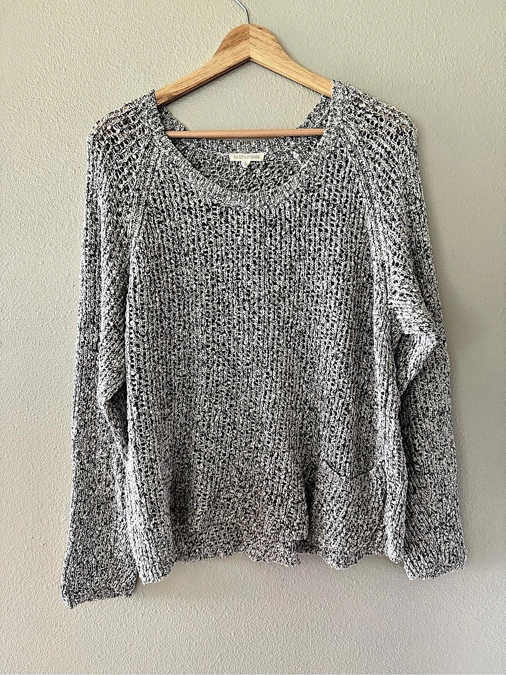 Eileen Fisher Speckled Cotton Open Knit Pullover Sweater Cozy Gray White L